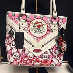 Ed Hardy Love Kills Pink Skull Heart Rhinestone Tote Shoulder Bag NWT